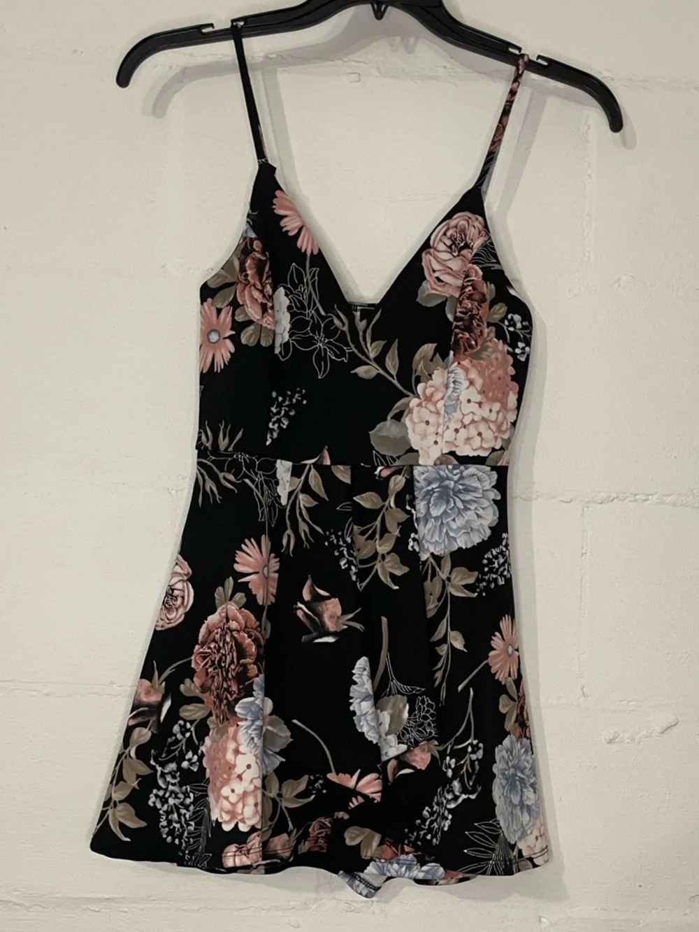 Windsor Black Floral V-Neck Romper with Pink & Blue Flowers
